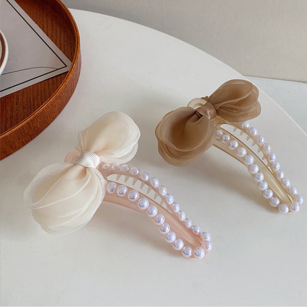 1 Kẹp Tóc Hình Nơ Lưới Đính Ngọc Trai Thanh Lịch Cho Nữ