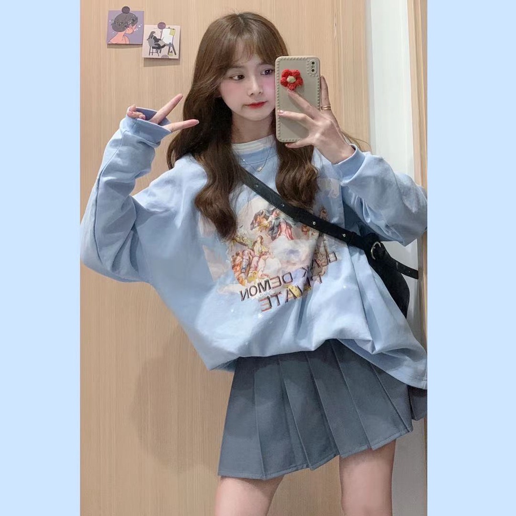 Set áo tay dài dáng rộng và chân váy xếp ly xinh xắn cho nữ (Có bán lẻ)