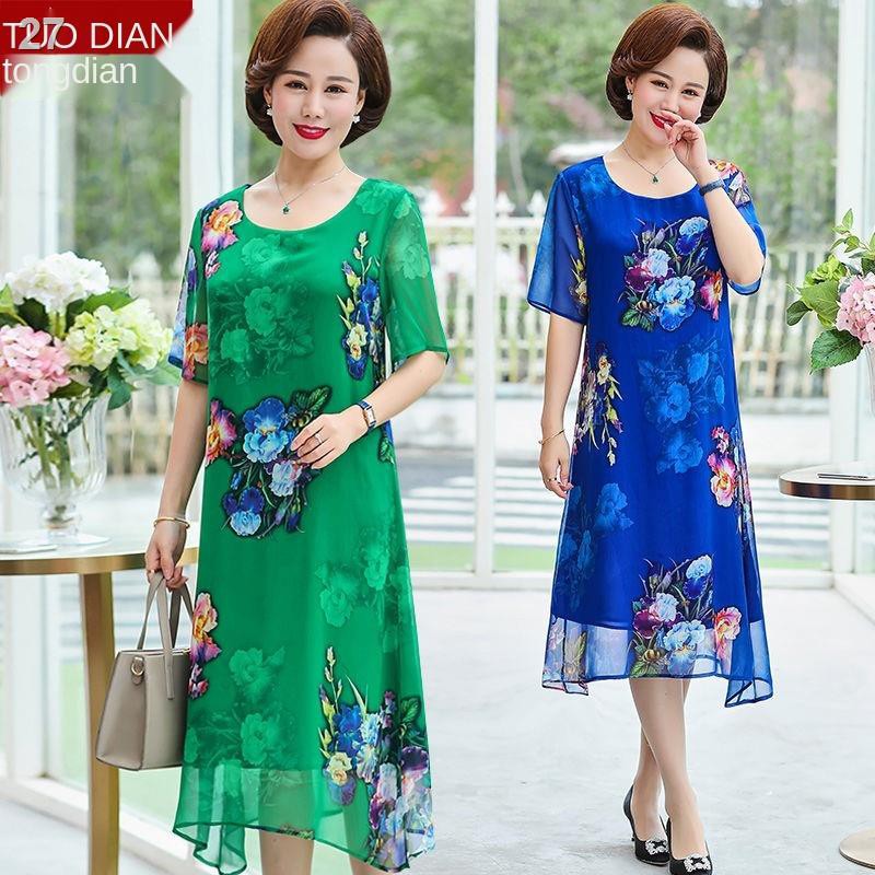 Váy hè nữ trung niên dài qua gối 40-50 size lớn voan ngắn tay cho phụ và cao tuổi