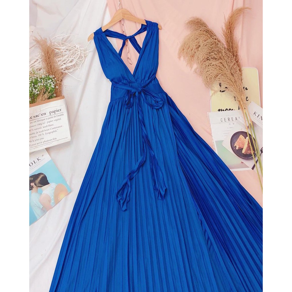 Đầm maxi đi biển dã ngoại 2 dây dập ly xẻ tà thắt nơ phong cách thời trang XUKA-DRESS MT007-chất Lụa siêu đẹp cao cấp