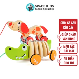 Đồ chơi gỗ cá sấu, chó có dây kéo cho bé vận động, vui chơi, đồ chơi gỗ thông minh Space Kids