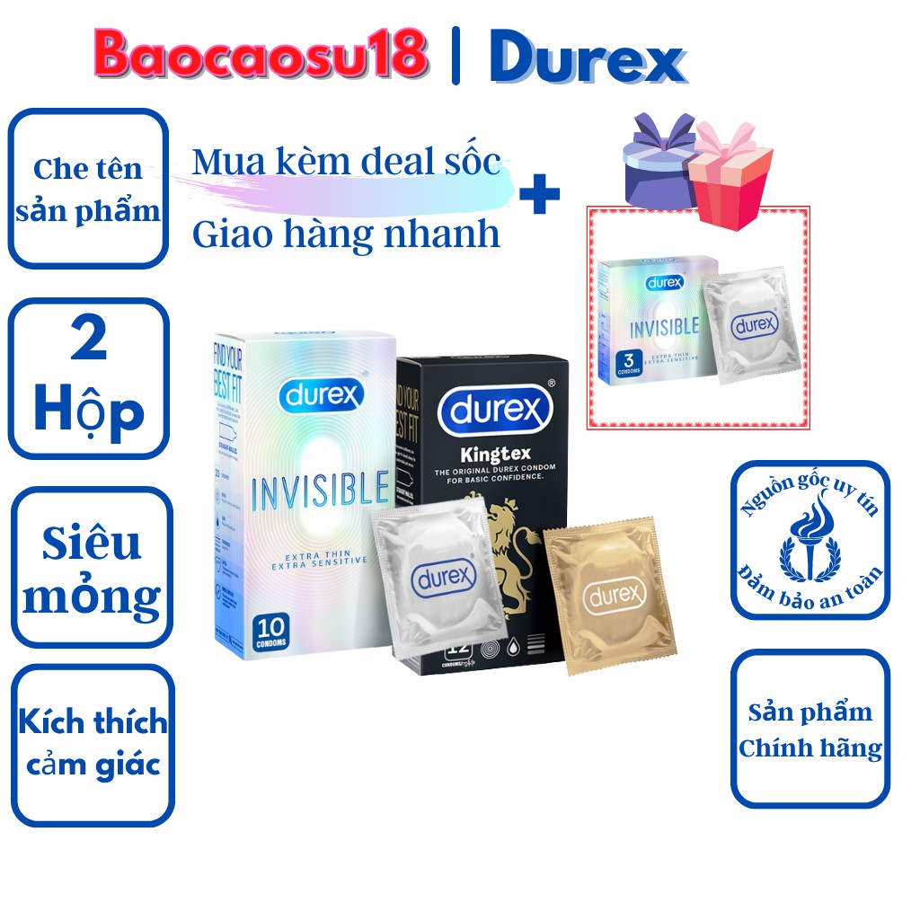 Bộ 2 hộp bao cao su siêu mỏng Durex Invisible ( 10 bao ) và Durex Kingtex ( 12 bao )