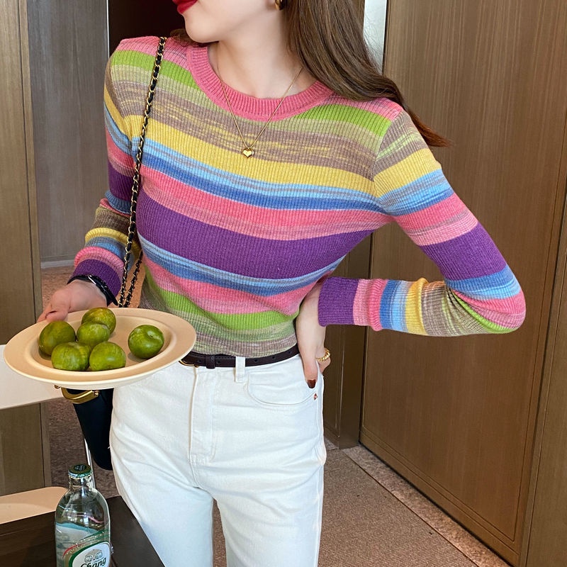 Áo sweater Dệt Kim Tay Dài Cổ Tròn Kẻ Sọc Cầu Vồng Phong Cách Hàn Quốc Thời Trang Mùa Xuân Mới 2022 Cho Nữ