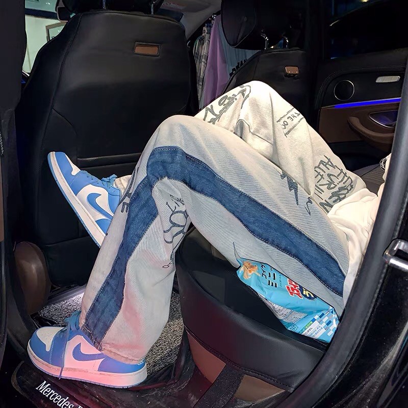 [ORDER+ẢNH THẬT] Quần bò jeans ống rộng thiết kế in hình graffiti nghệ thuật mix màu đậm nhạt unisex Ulzzang oversize ❤️