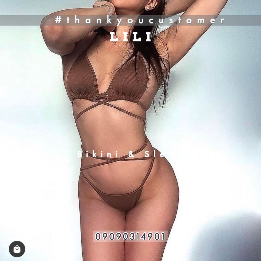 Bộ đồ bơi bikini hai mảnh Âu Mỹ quyến rũ màu Nâu Tây, Đỏ trắng da thiết kế đan dây eo siêu tôn dáng