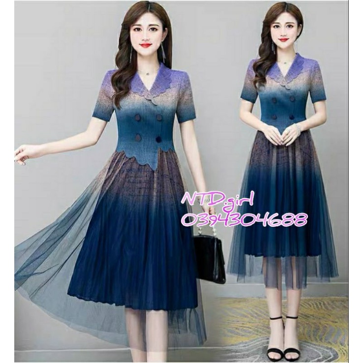 Hàng nhập - Đầm dáng xòe cổ vest gợn sóng tùng xếp ly, váy lụa dự tiệc phối màu hiệu ứng