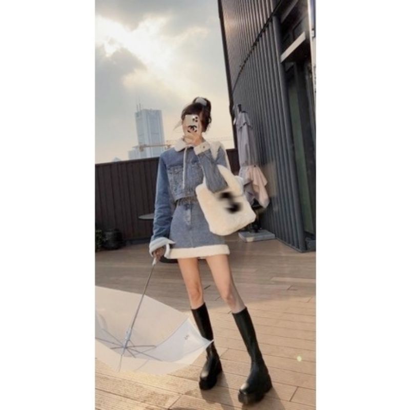 VIDEO-ẢNH THẬT Set Áo Khoác và Chân Váy Jeans Chần Bông