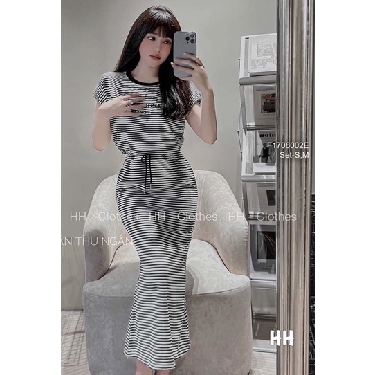 Set áo croptop cổ yếm hở lưng kèm chân váy ôm dáng dài