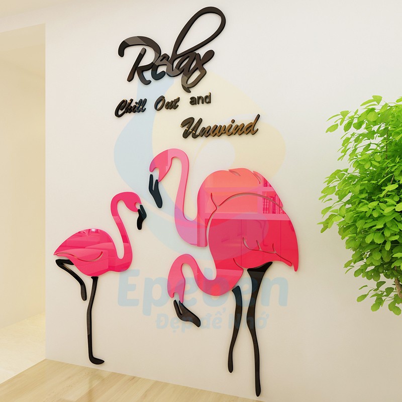 Tranh dán tường mica 3d decor khổ lớn Relax time hạc hồng trang trí spa, phòng ngủ, nail Nhiều Size - EPeBen