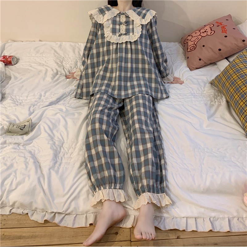 Bộ đồ ngủ tiểu thư phối ren kẻ sọc | BigBuy360 - bigbuy360.vn