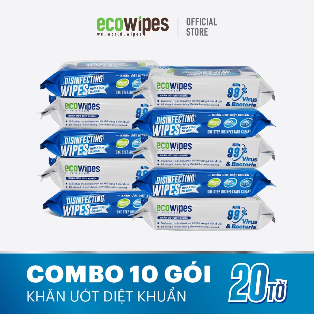 Combo 10 gói KHĂN ƯỚT DIỆT KHUẨN EcoWipes - Gói nhỏ tiện lợi (20 tờ/gói)