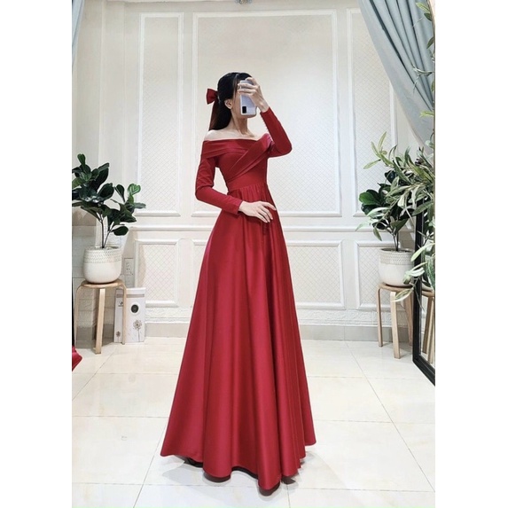 ĐẦM CƯỚI BẸT VAI TAY DÀI NƠ LƯNG ĐÍNH NƠ LƯNG FULL SIZE :S/M/L/XL ( ẢNH VÀ VIDEO CHỦ SHOP TỰ QUAY 10000%)