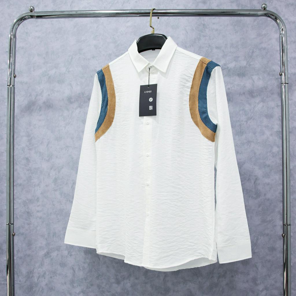 Áo sơ mi nam vãi đũi phối họa tiết bảnh