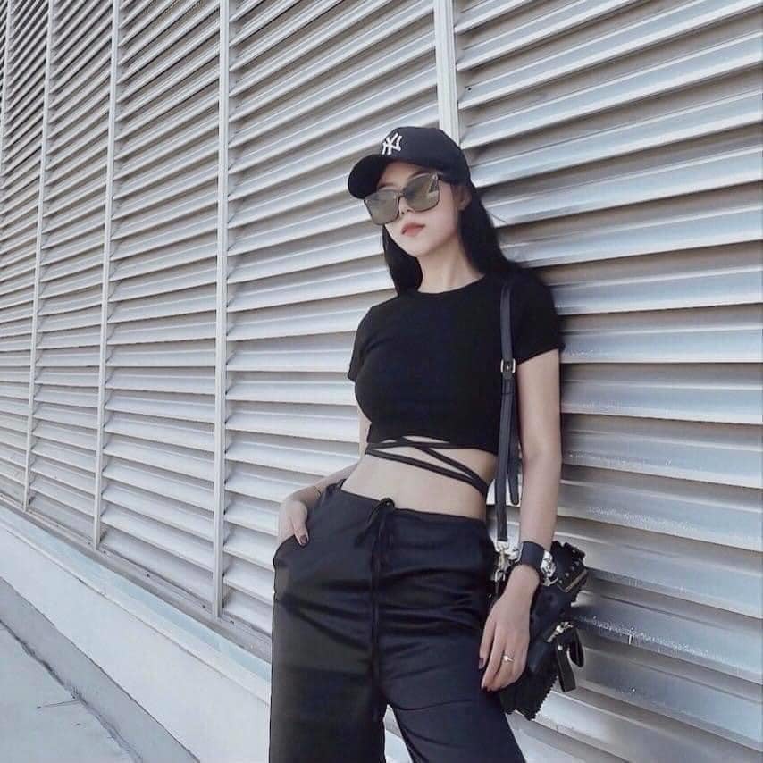 Áo thun croptop cộc tay nữ buộc dây eo trắng đen sexy form ôm tôn dáng cheapy C85