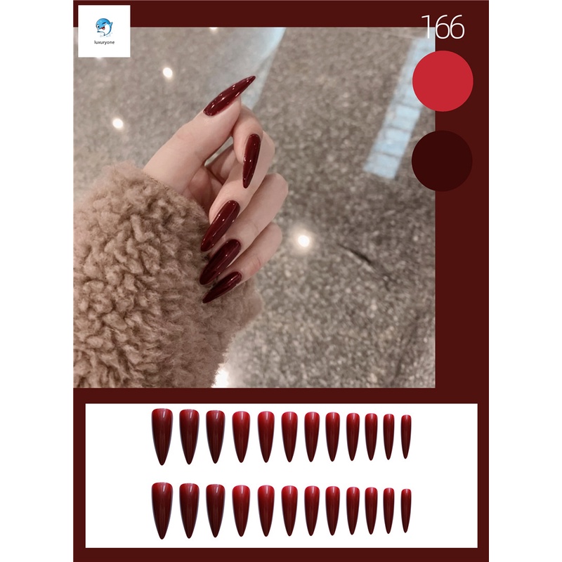 Bộ 24 móng tay giả dáng siêu dài màu đỏ đô tháo rời được thời trang