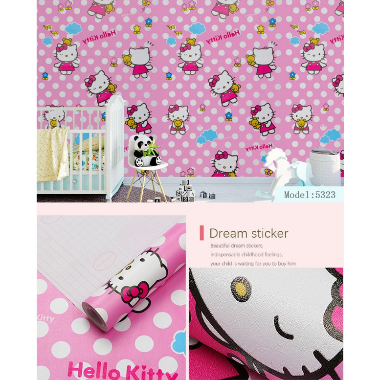 Giấy dán tường ⚡ 𝐅𝐑𝐄𝐄𝐒𝐇𝐈𝐏⚡ Giấy decal dán tường hello kitty 45cm*10m trang trí phòng ngủ dễ thương có sẵn keo bóc dán