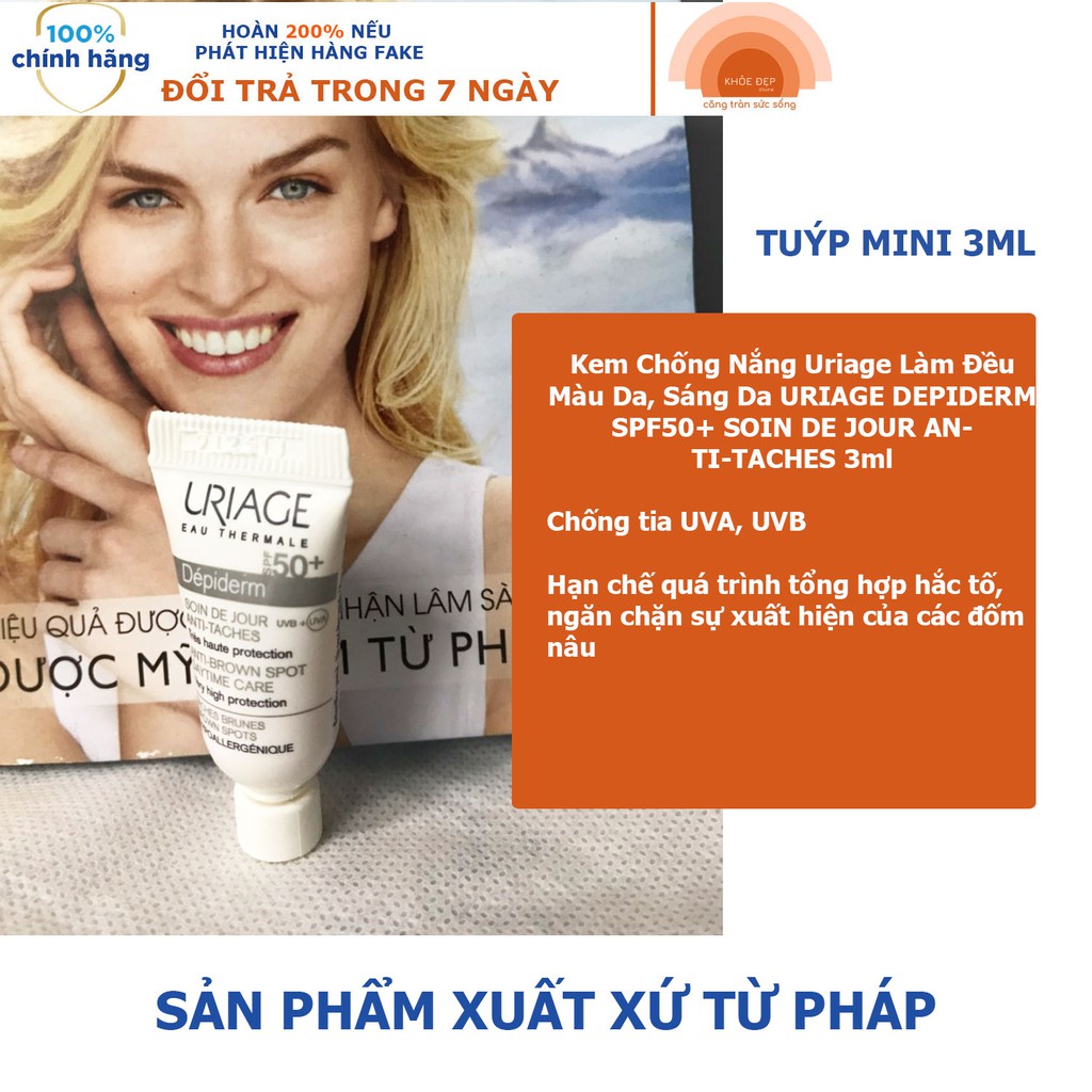 [HÀNG CÔNG TY]  Kem Chống Nắng Uriage Làm Đều Màu Da, Sáng Da URIAGE DEPIDERM SPF50+ SOIN DE JOUR ANTI-TACHES 3ml | BigBuy360 - bigbuy360.vn