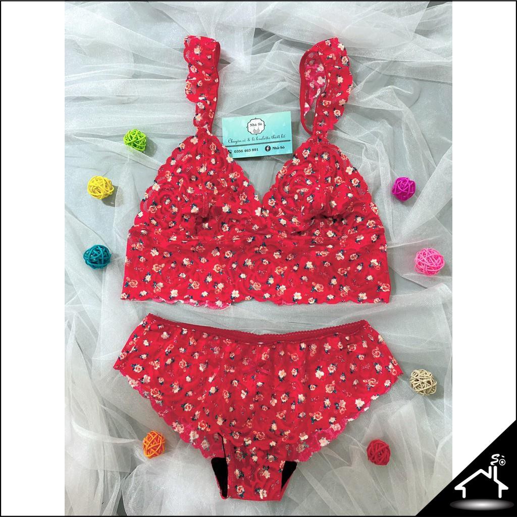 Bộ đồ lót sexy by Nhà Sò ren hoa hồng đỏ bông nhí quần angel NS127