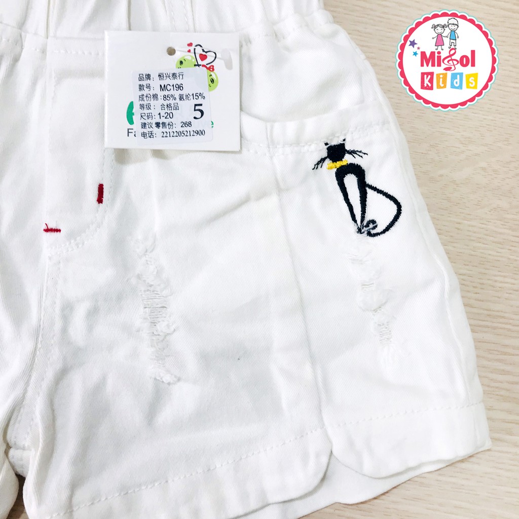 Quần áo bé gái quần jean cho bé gái quần sooc trắng thêu mèo co giãn 4 chiều cực mát 1-5 tuổi - Misolkids by huong274