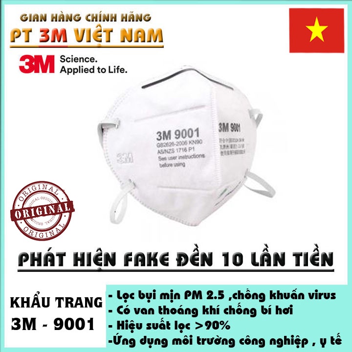 Khẩu trang 3M 9001 chính hãng, thoáng khí tiêu chuẩn lọc bụi pm 2.5