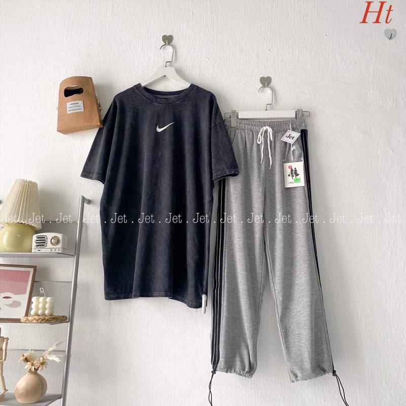 Set áo loang phẩy quần xám sọc H2S868