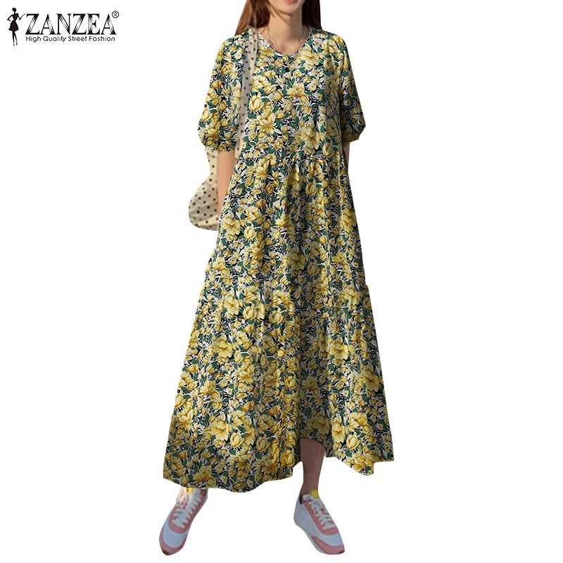Đầm maxi Zanzea tay lỡ phồng vải co giãn phong cách vintage dành cho nữ