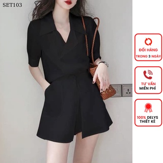Set áo vest quần short giả váy Delys áo vest nữ ngắn tay & quần short nữ ống rộng lưng cao