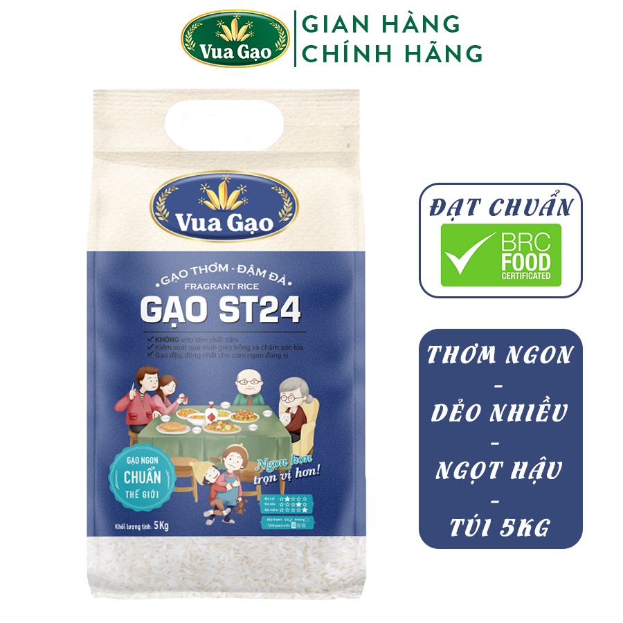 [MUA 3 TẶNG 25K] Gạo ST24 - Chính Hãng Vua Gạo - Túi 5kg (Cam kết date mới)