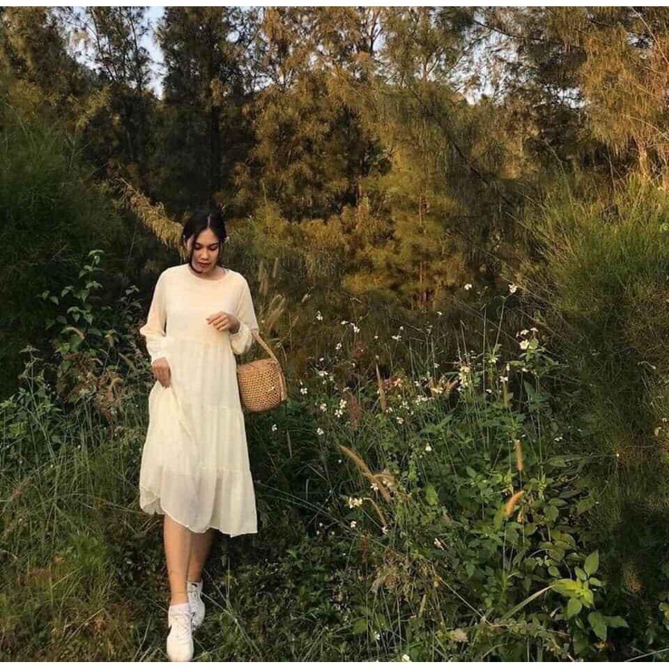 Váy trắng dài tay vintage / Váy babydoll dáng dài | BigBuy360 - bigbuy360.vn