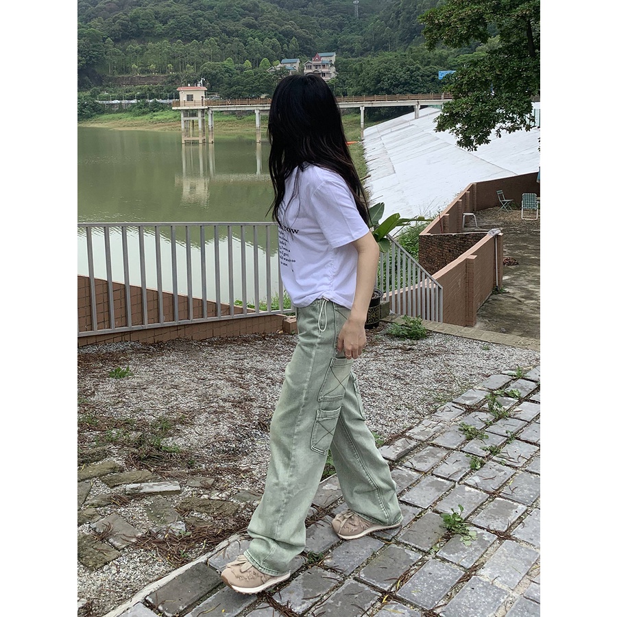 Quần jean dài ống rộng lưng cao màu xanh lá nhạt size lớn phong cách Mỹ thời trang cho nữ