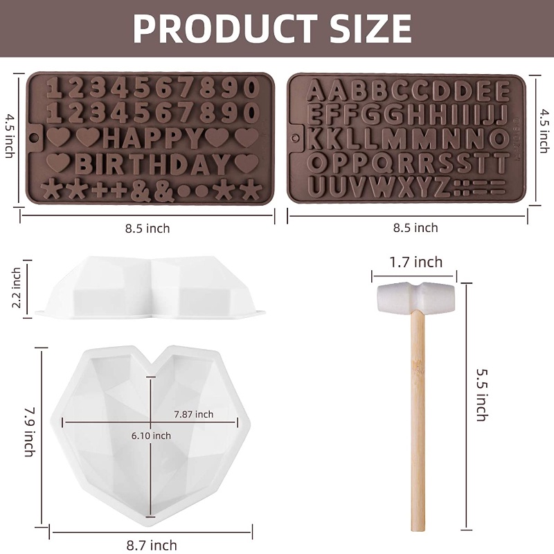 Khuôn Silicone Làm Sô Cô La Hình Trái Tim Lớn Có 2 Ô &amp; 3 Búa Gỗ