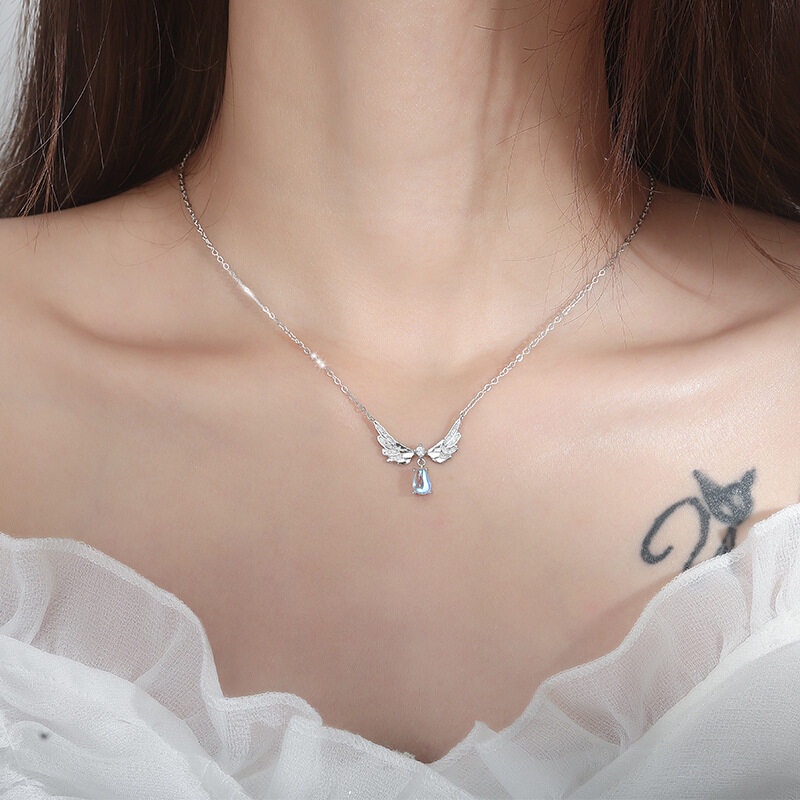 Vòng cổ mặt hình đôi cánh thiên thần phối đá thời trang xinh xắn cho nữ