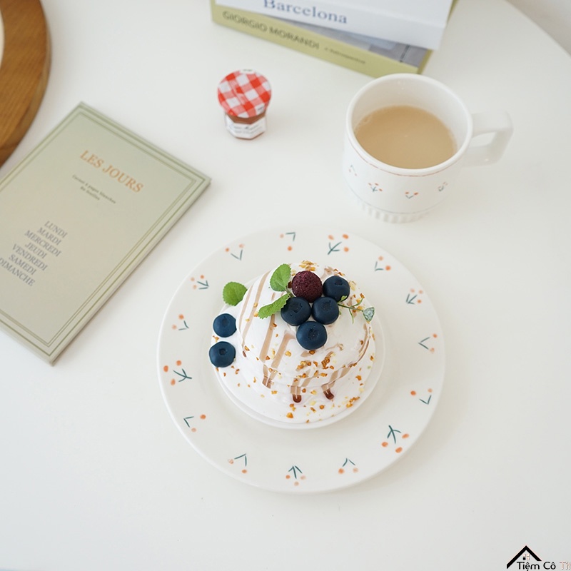 Set đĩa cốc vintgae hoạ tiết cherry vẽ tay