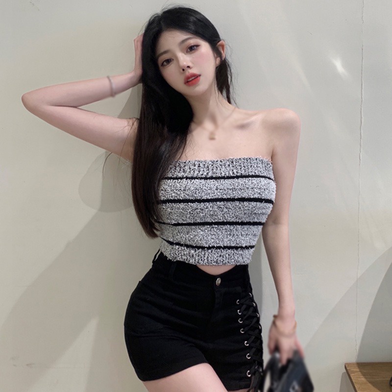 Áo Croptop Không Tay Phối Lông Họa Tiết Kẻ Sọc Phong Cách Hàn Quốc Thời Trang Cho Nữ
