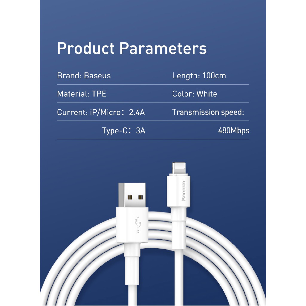 Dây cáp sạc iPhone Lightning Baseus rẻ và tốt dành cho điện thoại iPhone Lightning / type C/ micro USB màu trắng dài 1m
