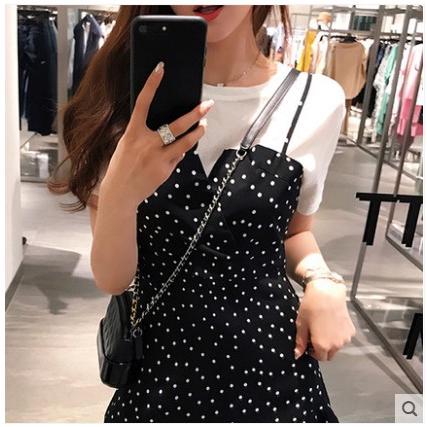SUXI Đầm chấm bi phong cách retro Hàn Quốc