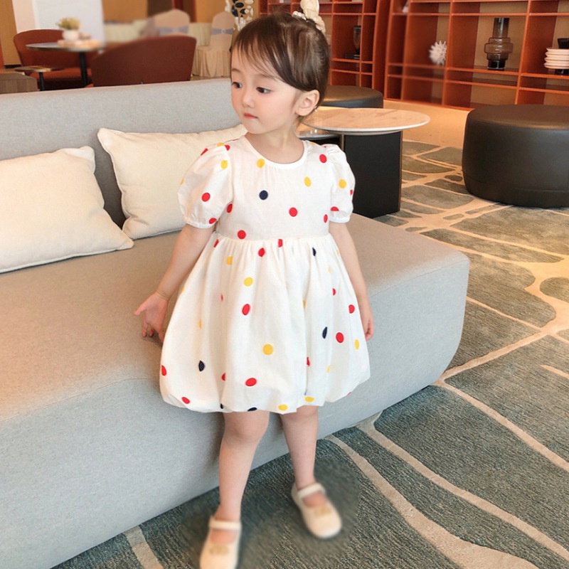 Đầm Công Chúa Tay Phồng Ngắn Cổ Tròn Lưng Cột Dây Họa Tiết Chấm Bi Thời Trang Mùa Hè Cho Bé Gái