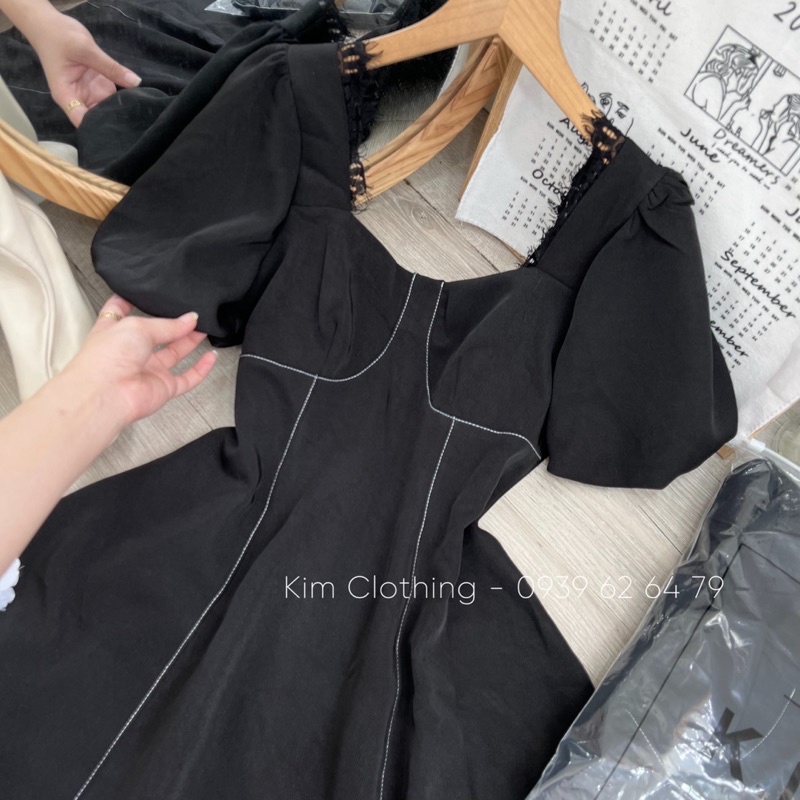 Đầm đen cổ U viền ren tay bồng dáng xoè ngắn chạy chỉ [hình chụp thật]