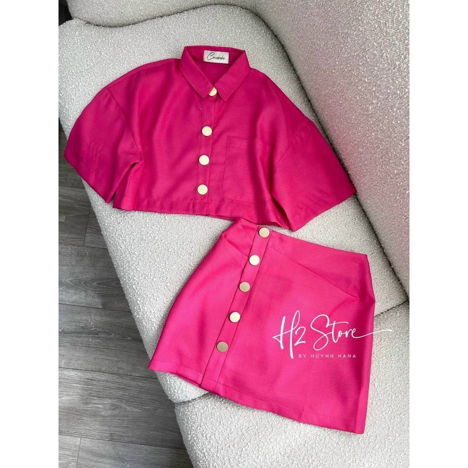 Sét Váy Nữ Thời Trang Mặc Đi Chơi, Sét Váy Chất Siu Cao Cấp Áo Croptop Mix Chân Váy Chữ A Ngắn Có Phối Nút To