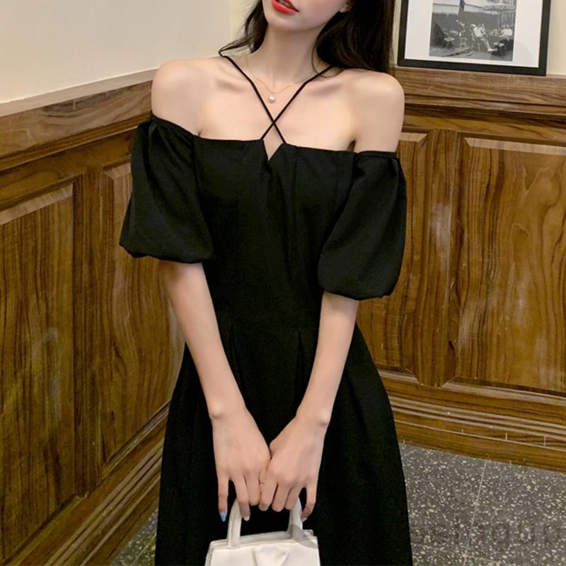 Đầm Midi Ngắn Tay Trễ Vai Lưng Cao Thời Trang Mùa Hè Cho Nữ