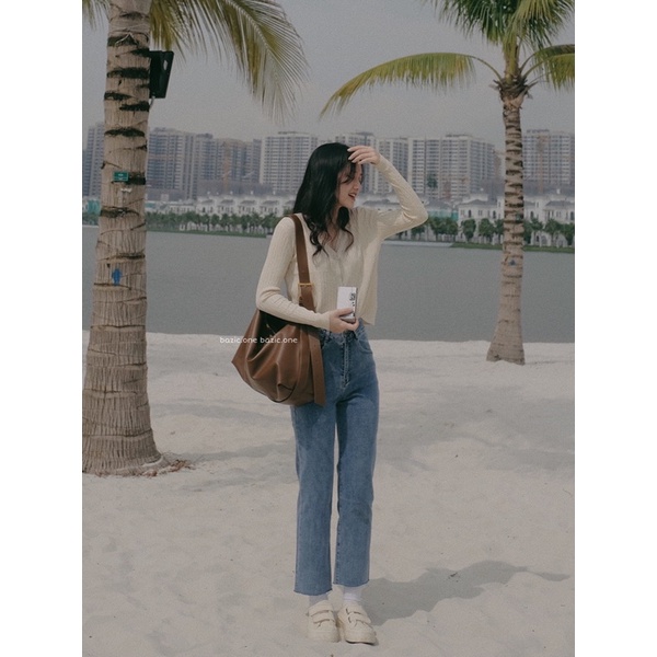 Quần jeans suông co giãn cạp đan chéo Bazic one