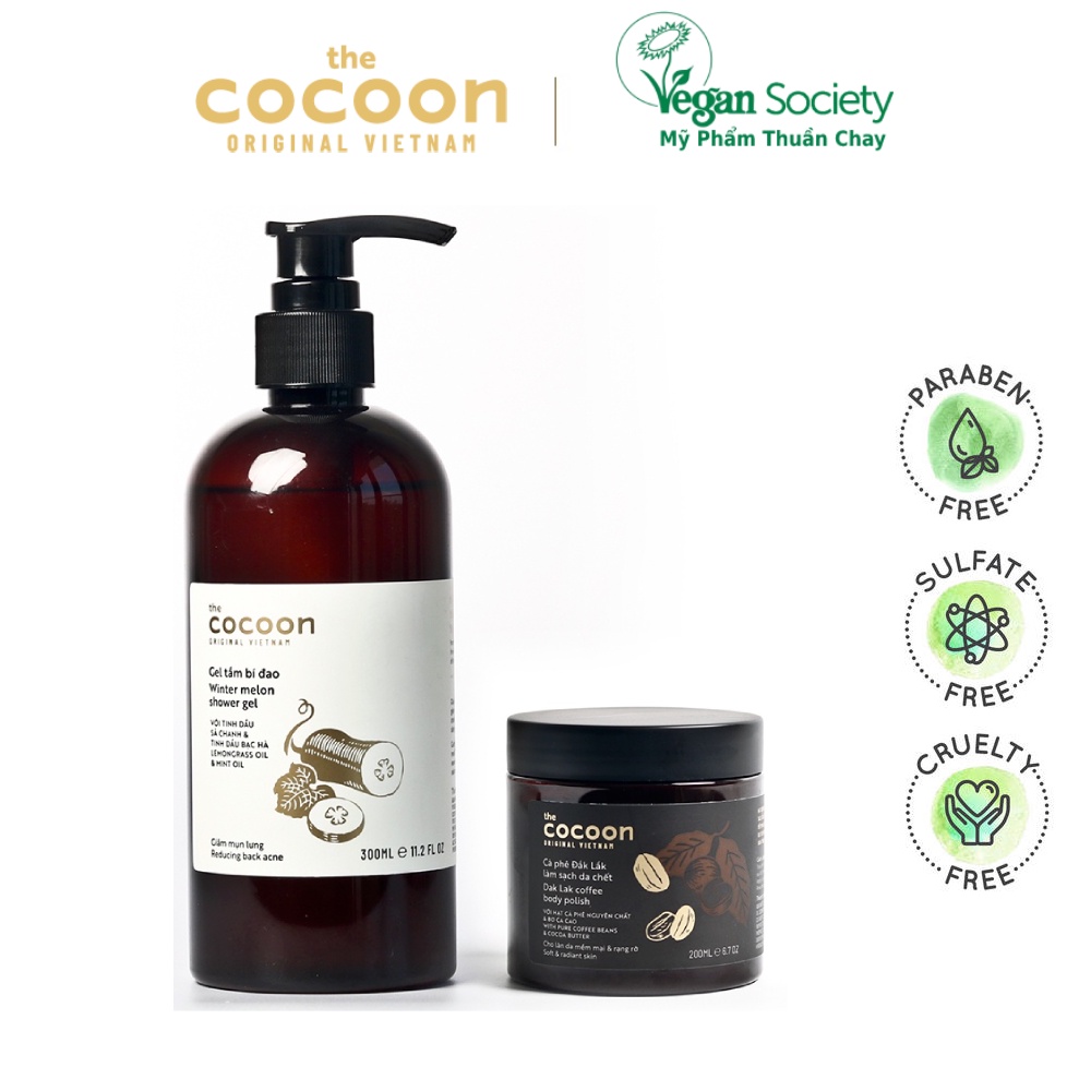 Combo Gel tắm bí đao cocoon 300ml + Cà phê Đắc Lắc sạch da chết cocoon 200ml - Vegan Society