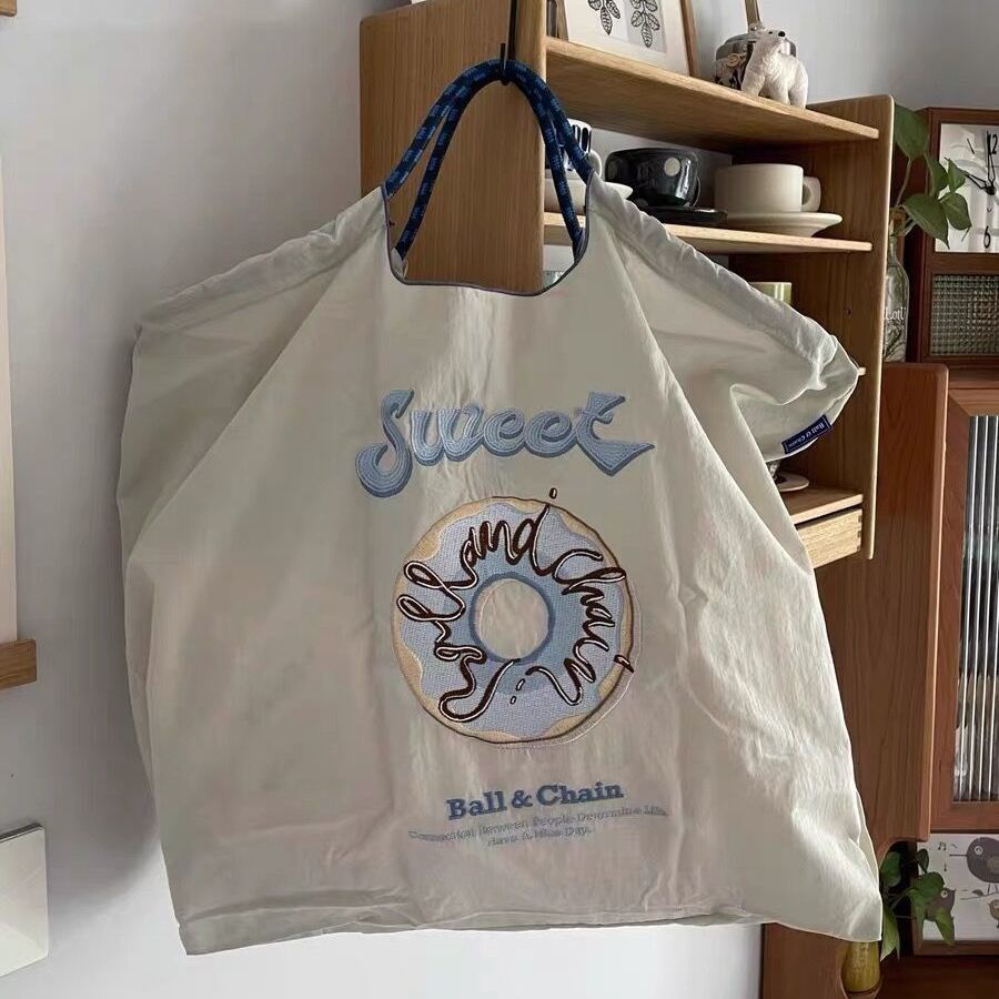 Túi Vải Nylon Thêu Hình Bánh Donut Nhật Bản Bảo Vệ Môi Trường Cho Học Sinh