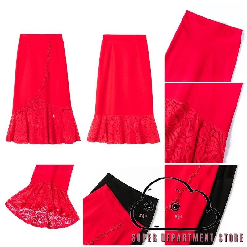Chân Váy Đuôi Cá Lưng Cao Phối Ren Màu Đỏ / Đen Quyến Rũ Cho Nữ