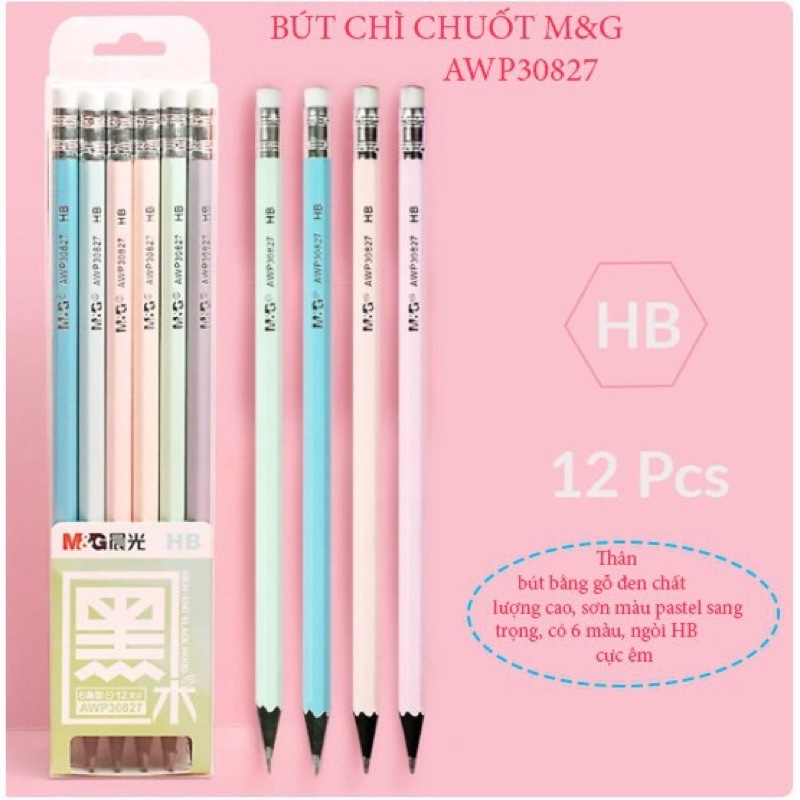 Bút chì cao cấp có gôm tẩy màu pastel - M&amp;G AWP30827