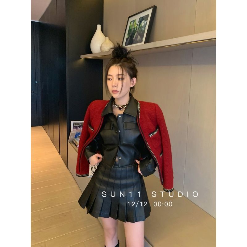 Set Áo Khoác + Chân Váy Xếp Ly Lưng Cao Bằng Da Thời Trang Dành Cho Nữ