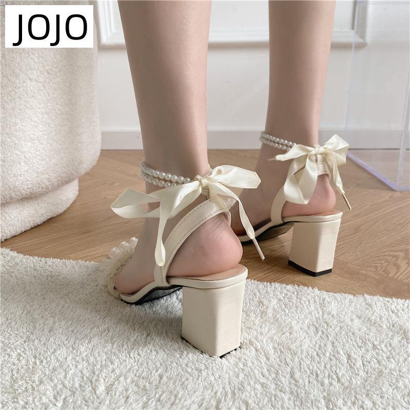 Giày Sandal Cao Gót Thắt Dây Đính Hạt Ngọc Trai Phong Cách Mới Mùa Hè Cho Nữ