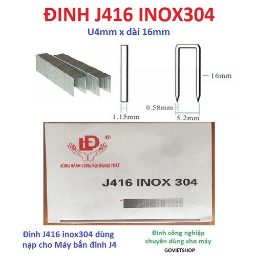 Ghim inox J416 Inox304 bằng Inox 304 công nghiệp U4mm x dài 16mm
