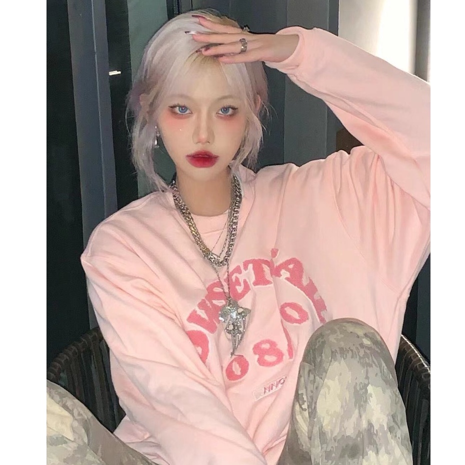 Áo thun nữ tay dài dáng rộng in chữ phong cách Hàn Quốc