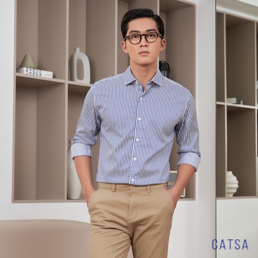 Áo sơ mi nam công sở tay dài trắng sọc xanh đen chất vải Kate mềm mịn, thoáng mát, chống nhắn CATSA ASD017